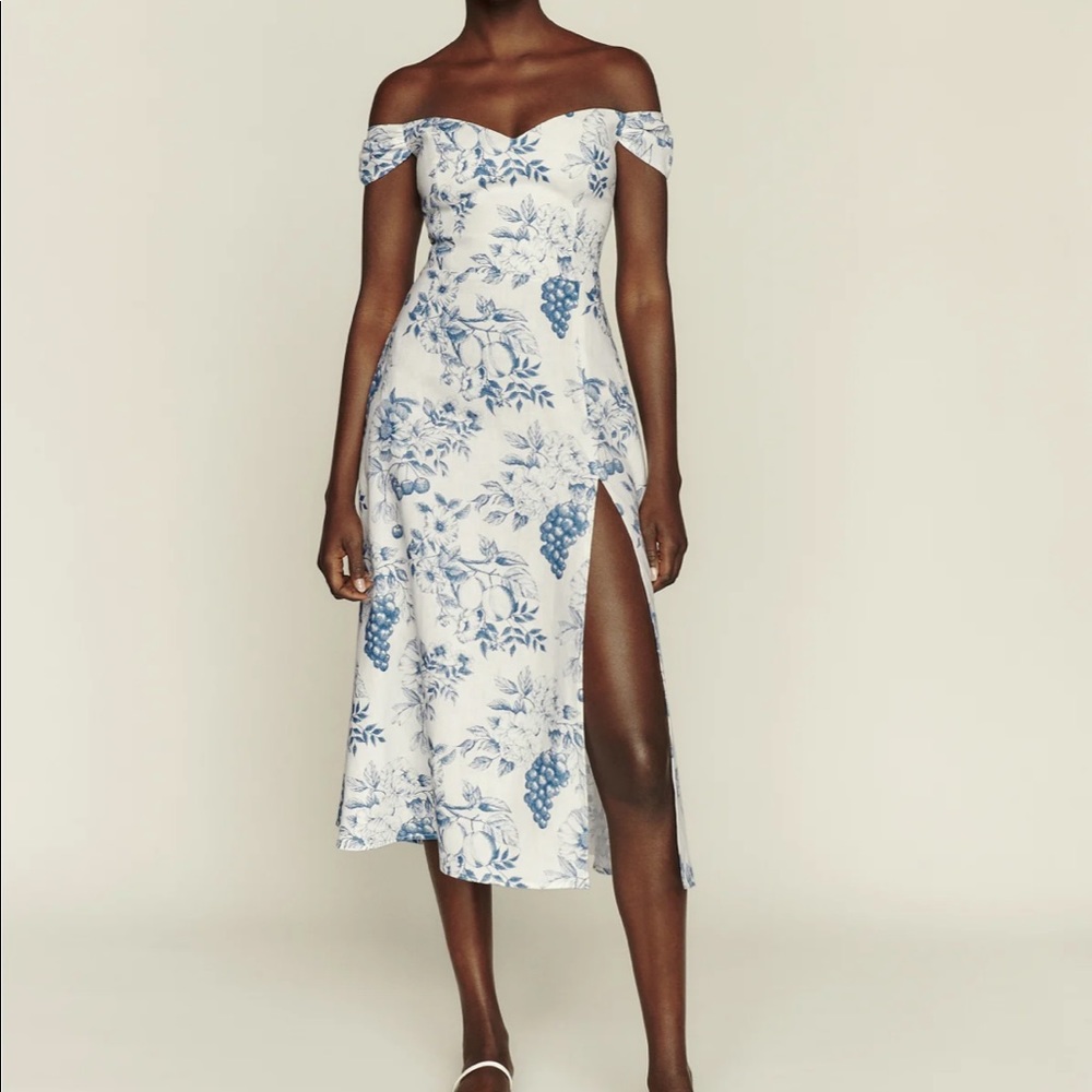 Reformation Bridgton Blue Floral Midi Dress on Cream